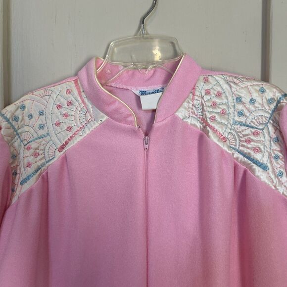 Vintage Womens Night Gown Medium Pink Zip Up Pocket Retro 70s Housecoat Long - Picture 2 of 10